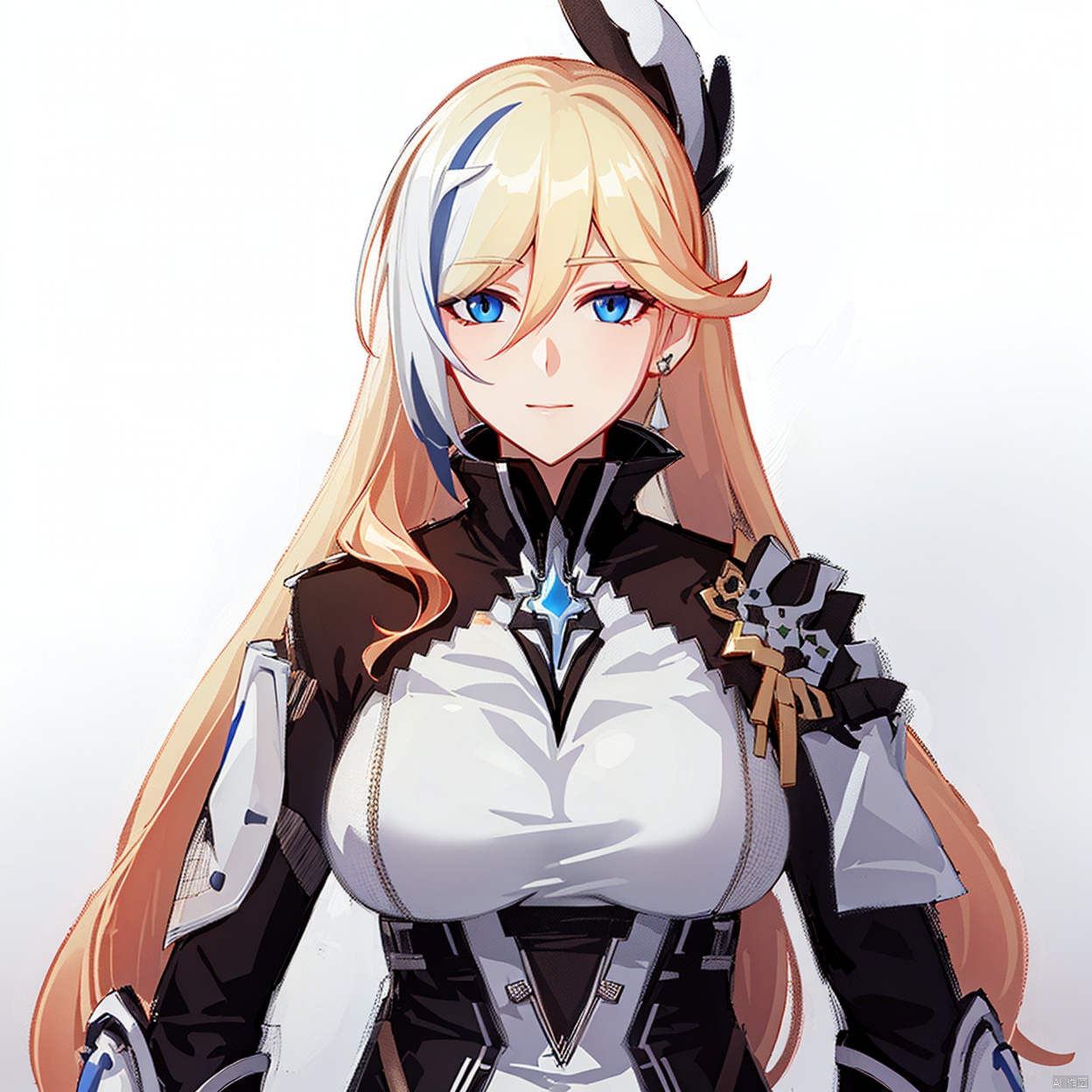 (white background:1.2),looking at viewer,(SOLO:1.4),outline,simple background,upper body, cowboy shot,looking at viewer,,outline,
(((arms at side))),bangs,streaked hair,silver hair,single braid,ponytail,white hair,multicolored hair,blue eyes,braid,blonde hair,long hair,breasts,very long hair