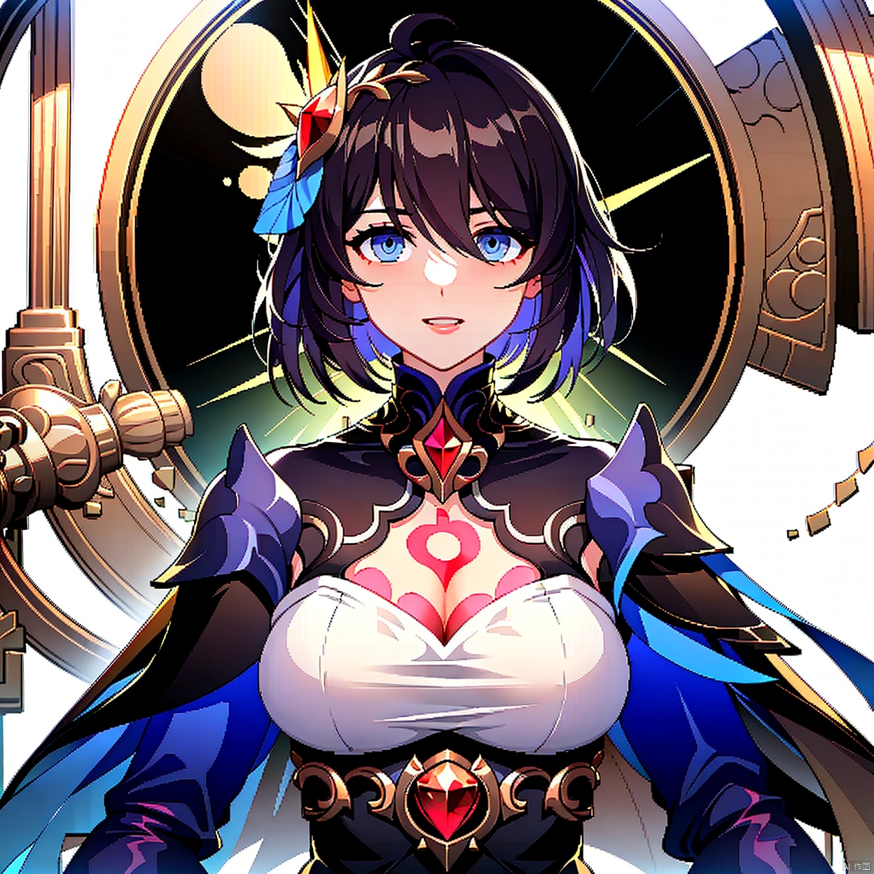  (masterpiece:1.3),(the best quality:1.2),(super fine illustrations:1.2),(Masterpiece),high quality,high detail,(white background:1.2),looking at viewer,(SOLO:1.4),outline,simple background, 
blue eyes,hair between eyes,two-tone hair,streaked hair,short hair,seele vollerei,red hair,multicolored hair,black hair,blue hair,1girl,