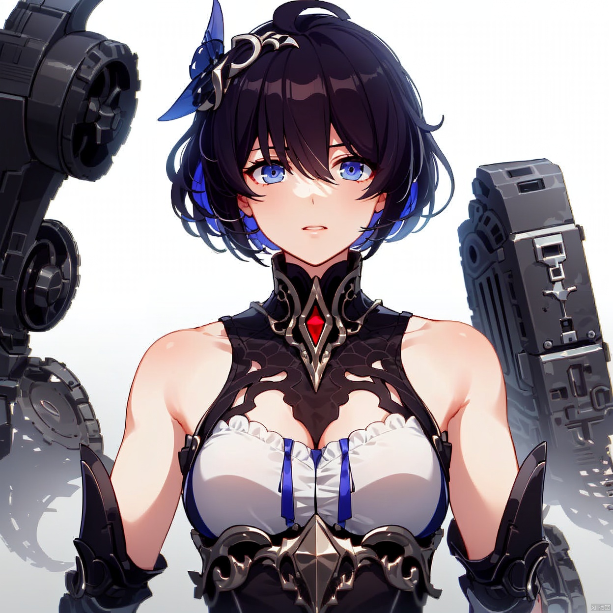 (white background:1.2),looking at viewer,(SOLO:1.4),outline,simple background,upper body, cowboy shot,looking at viewer,,outline,
(((arms at side))),blue eyes,hair between eyes,two-tone hair,streaked hair,short hair,seele vollerei,red hair,multicolored hair,black hair,blue hair
