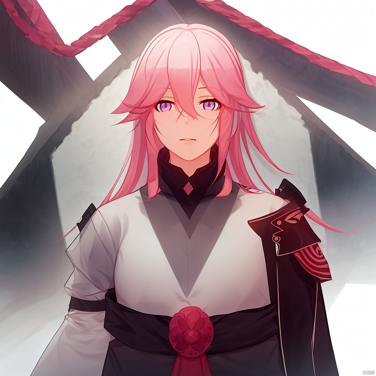 (Masterpiece),high quality,(white background:1.2),looking at viewer,outline,simple background,upper body, cowboy shot,looking at viewer, (((arms at side))), 
hair between eyes,bangs,animal ears,yae sakura,purple eyes,pink hair,long hair,fox ears,1girl,solo,looking at viewer,breasts,