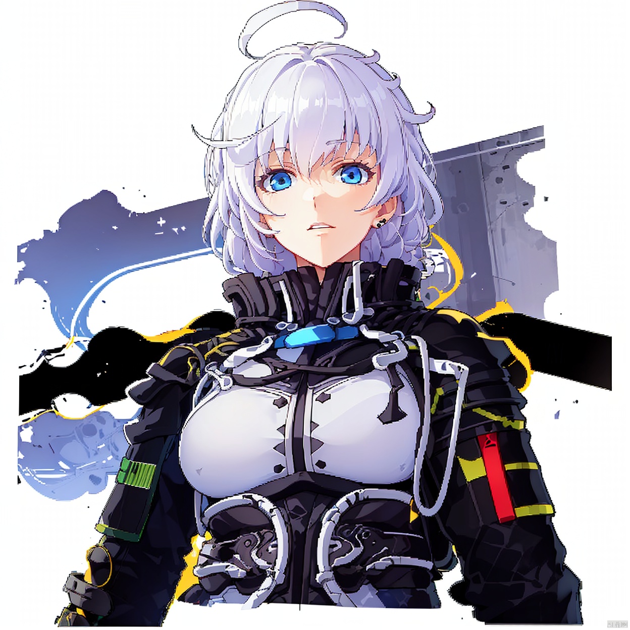 (white background:1.2),looking at viewer,(SOLO:1.4),outline,simple background,upper body, cowboy shot,looking at viewer,,outline,
(((arms at side))),bangs,ahoge,white hair,silver hair,ingle braid,long hair,breasts,braid,blue eyes