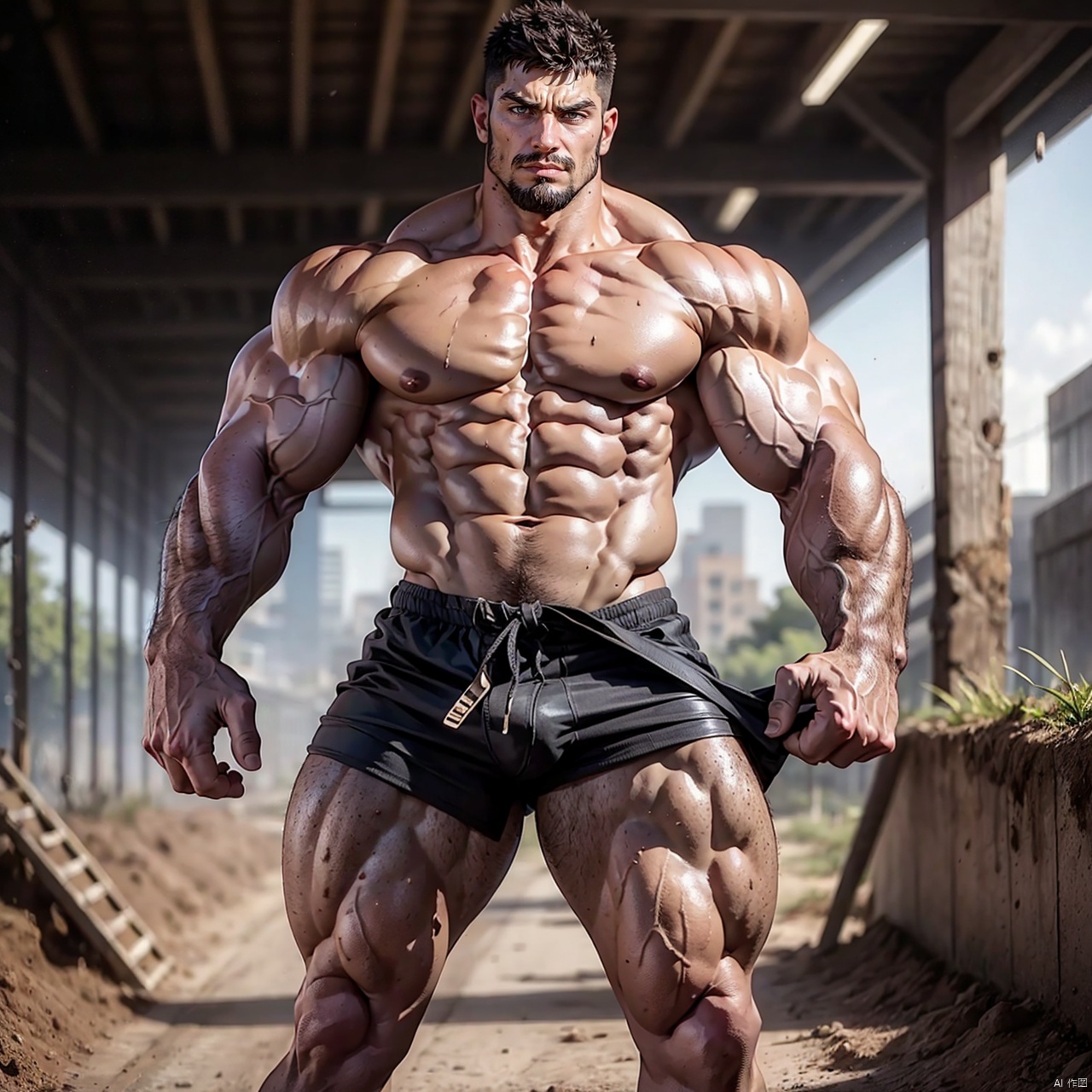 solo,A Bodybuilder shirtless vagabond,Dirty,Short hair,Strong muscles,Muscular,barefooted,Huge pectorals,dirt on the chest,Thick arms,Strong arms,Huge biceps,Black tight briefs,Thick thighs,Strong thighs,dirt on the upper body,The lighting is dramatic, casting strong shadows that accentuate the vagabond defined muscles and dirt,The background is softly blurred, emphasizing the vagabond powerful presence. The composition is centered, capturing the vagabond commanding and rugged appearance,sj,SF6Ryu,
