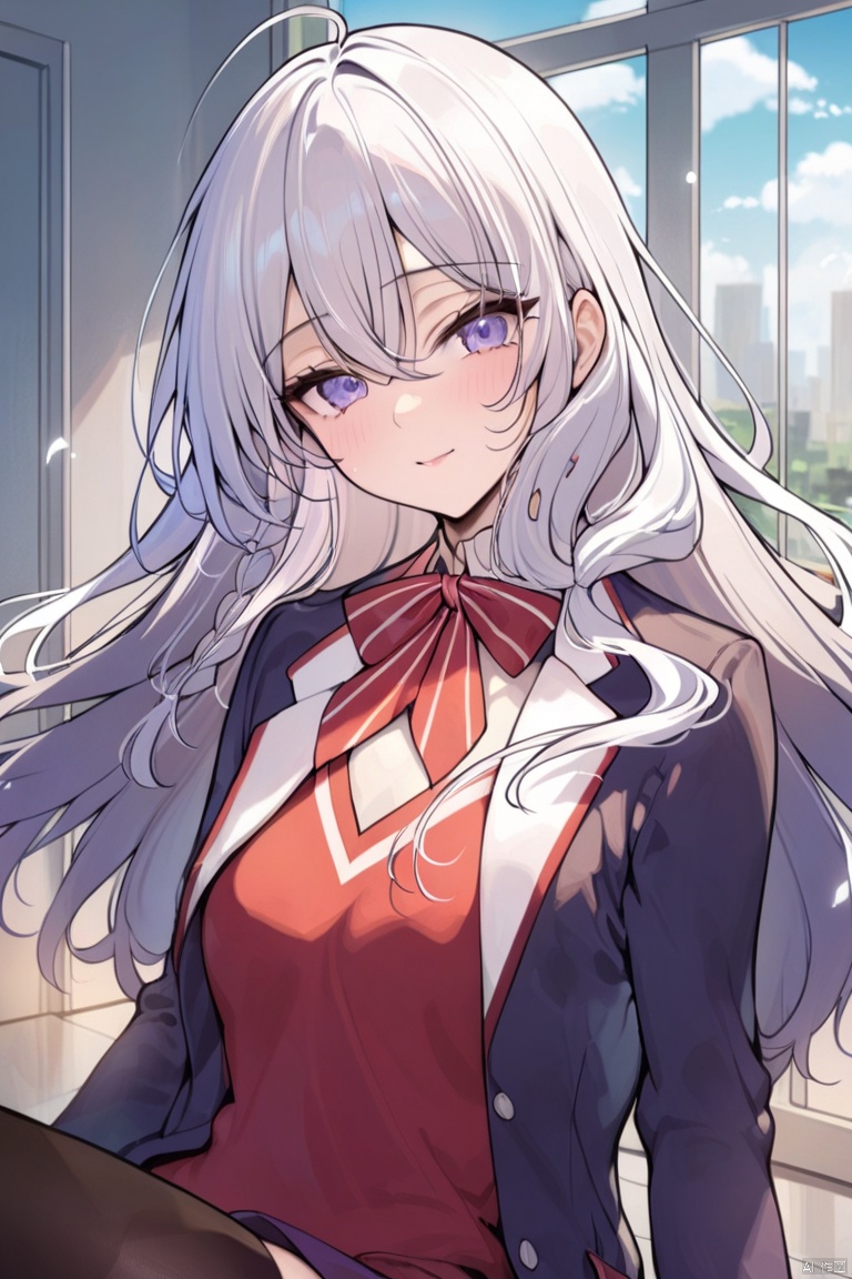 (masterpiece),(best quality),1girl, long_hair,(medium_breasts:1.2),solo, white hair,neckbow,jacket,school uniform,black thighhighs,