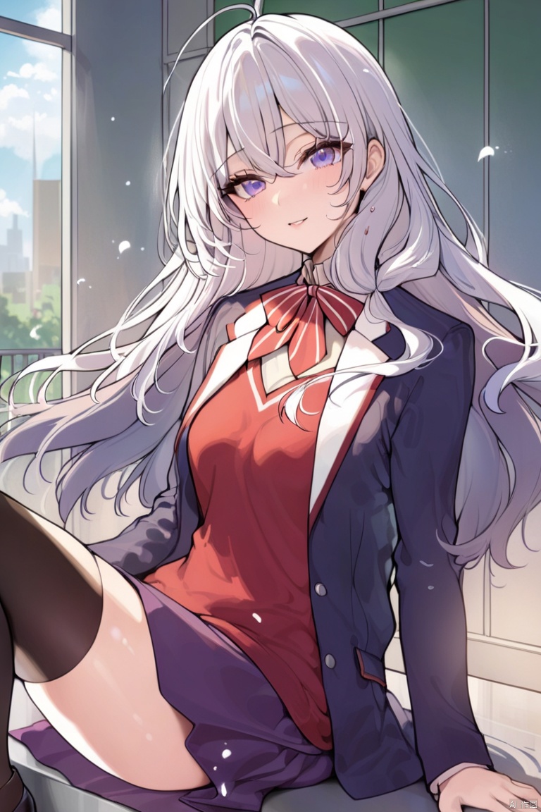 (masterpiece),(best quality),1girl, long_hair,(medium_breasts:1.2),solo, white hair,neckbow,jacket,school uniform,black thighhighs,