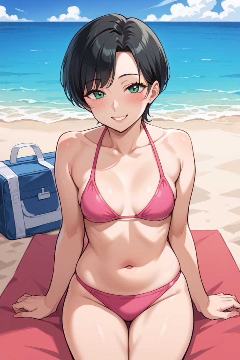 Short black hair,  green eyes,  small breasts on Tensor.Art
