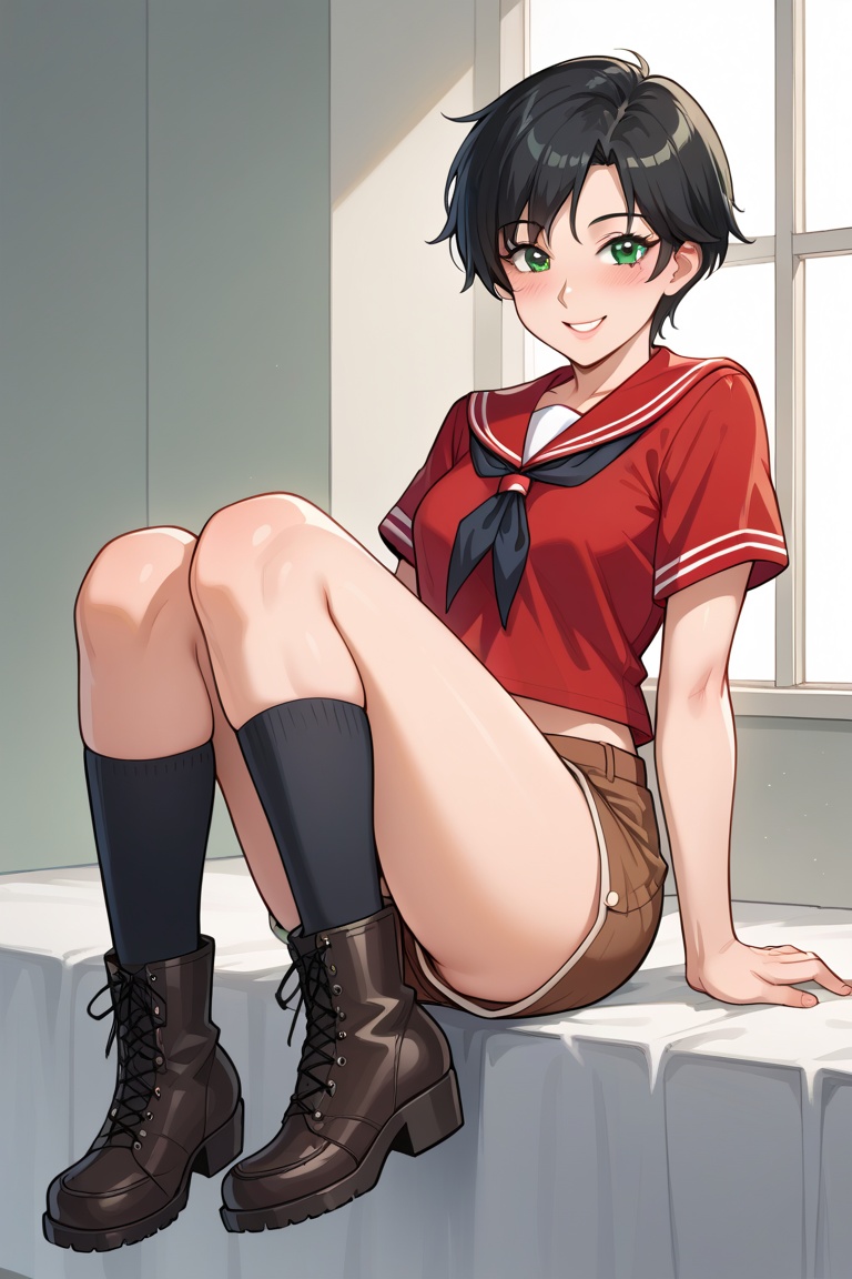 Short black hair,  green eyes,  small breasts on Tensor.Art