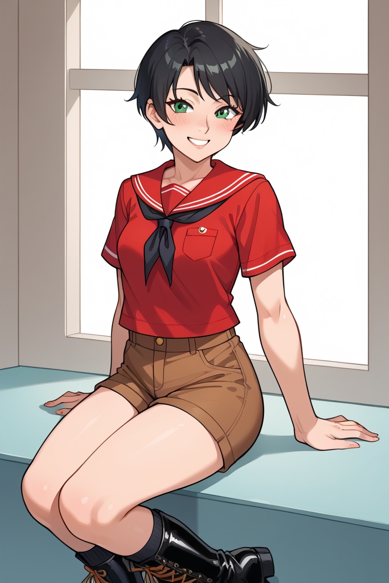 Short black hair,  green eyes,  small breasts on Tensor.Art