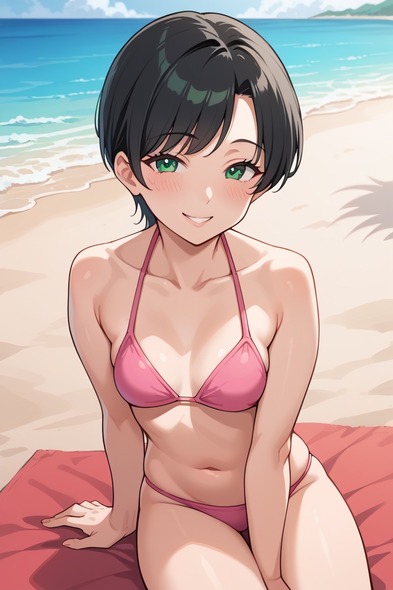 Short black hair,  green eyes,  small breasts on Tensor.Art