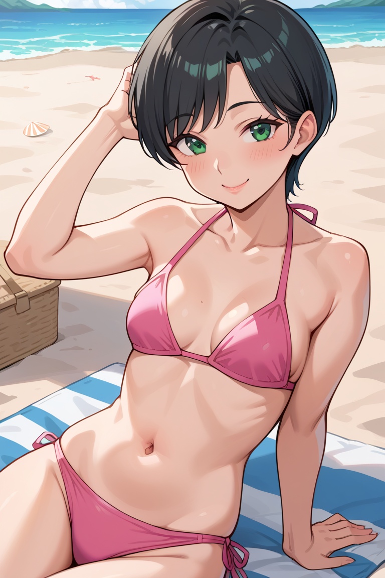 Short black hair,  green eyes,  small breasts on Tensor.Art