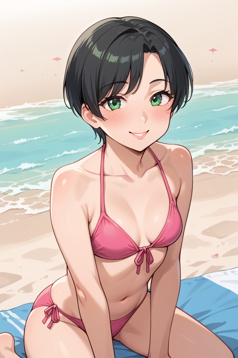 Short black hair,  green eyes,  small breasts on Tensor.Art