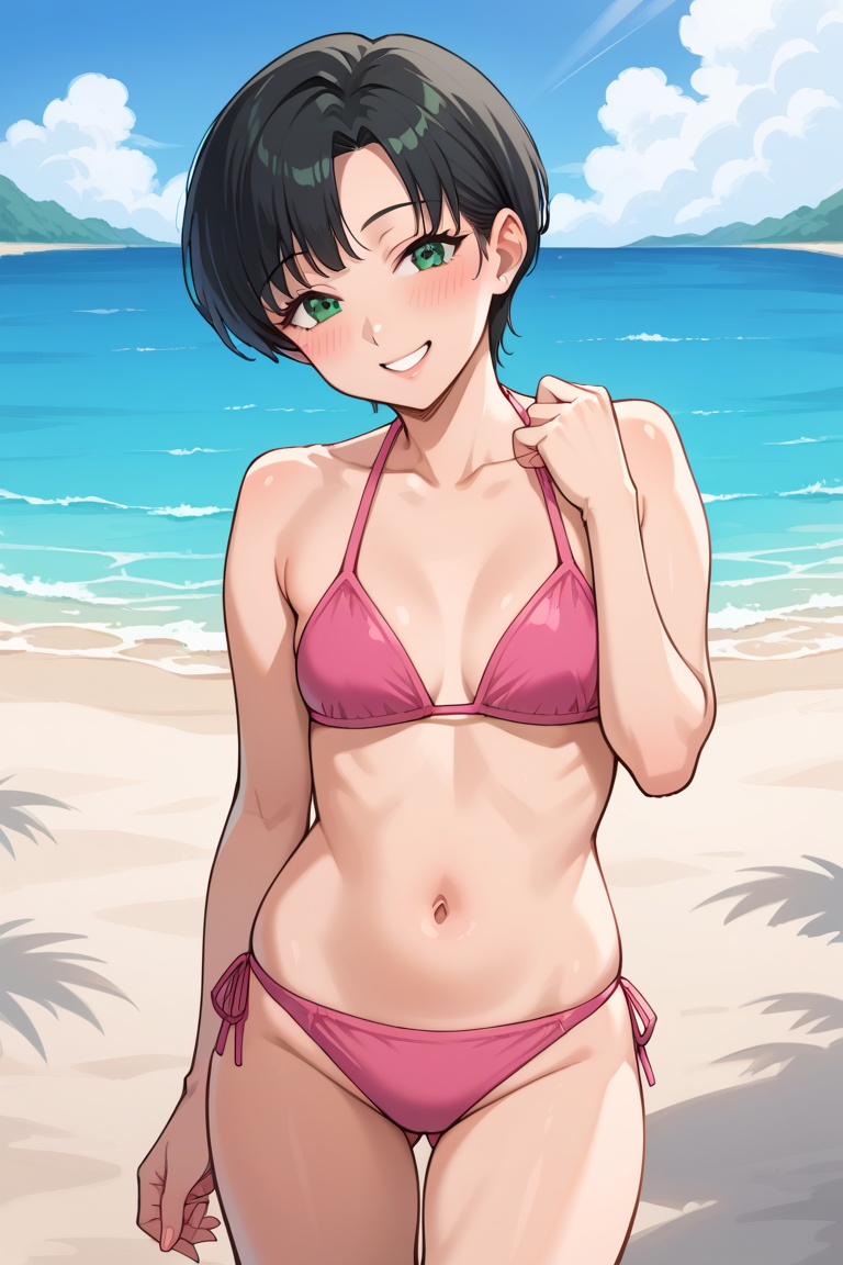 Short black hair,  green eyes,  small breasts on Tensor.Art