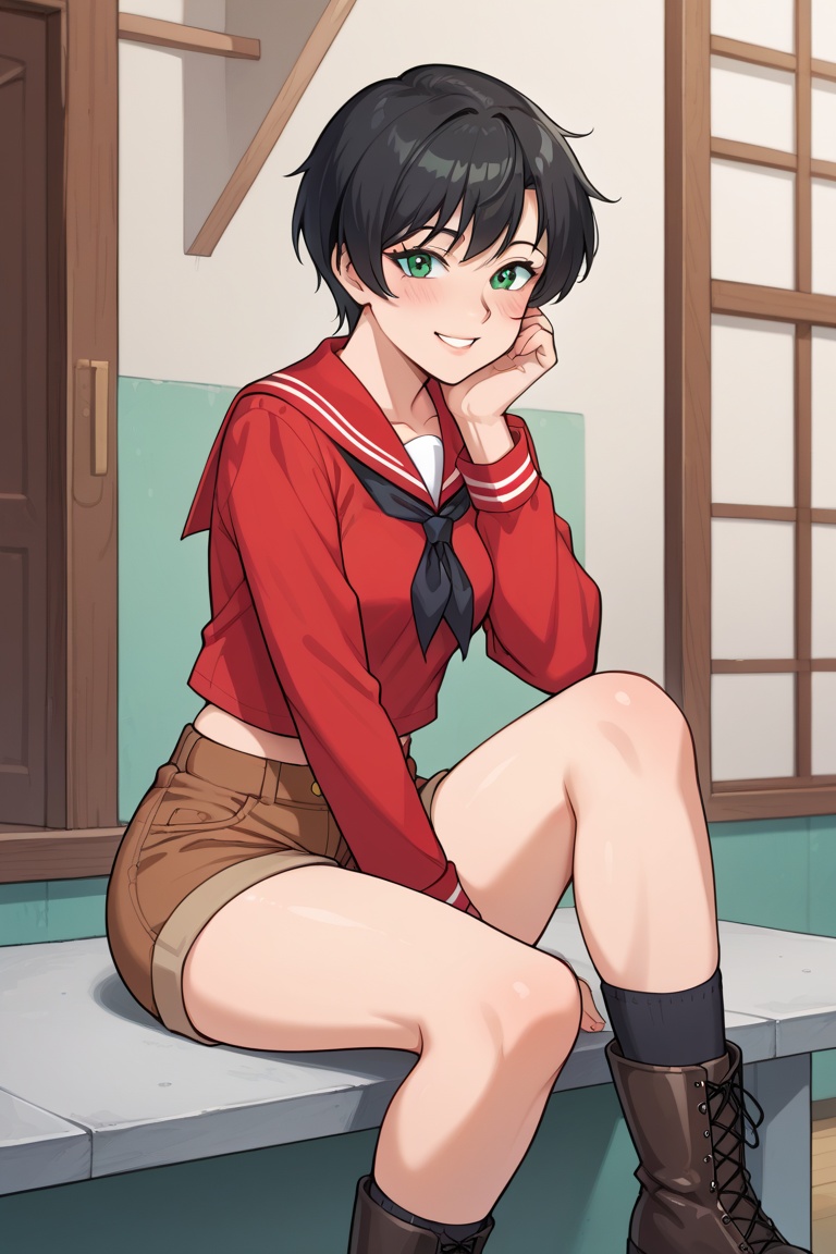 Short black hair,  green eyes,  small breasts on Tensor.Art