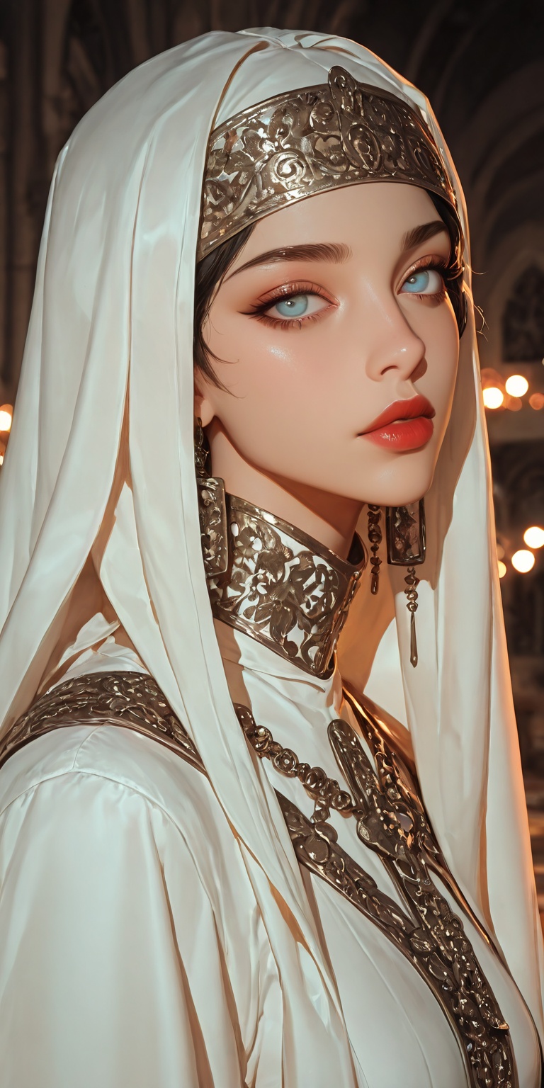 A Byzantine style girl in monastery,  white head-cloths and veils. , on Tensor.Art