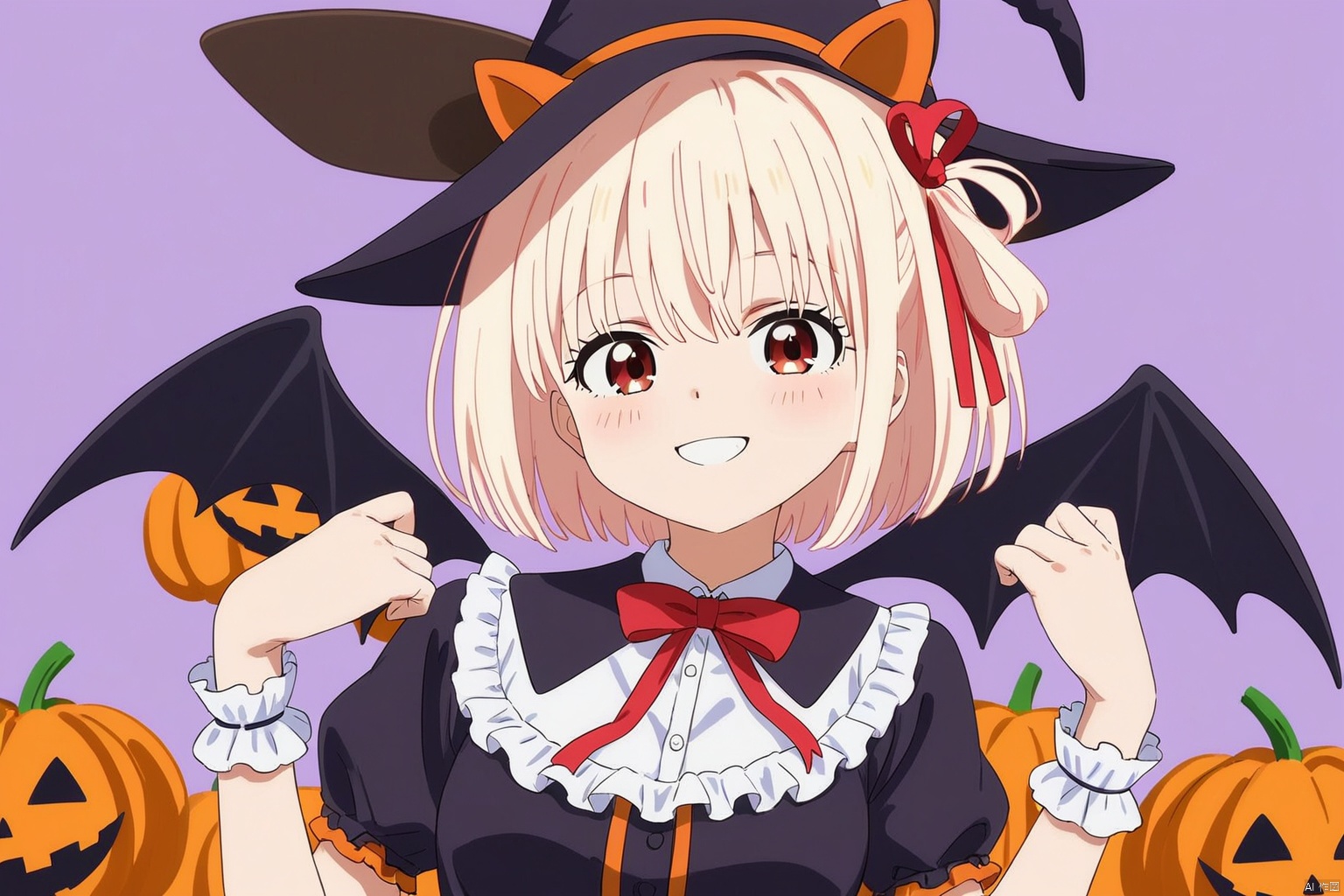 masterpiece,bestquality,
nishikigi chisato,1girl,solo,smile,hair ribbon,looking at viewer,ribbon,Scissorhands,halloween costume,cachinnation,big_tits