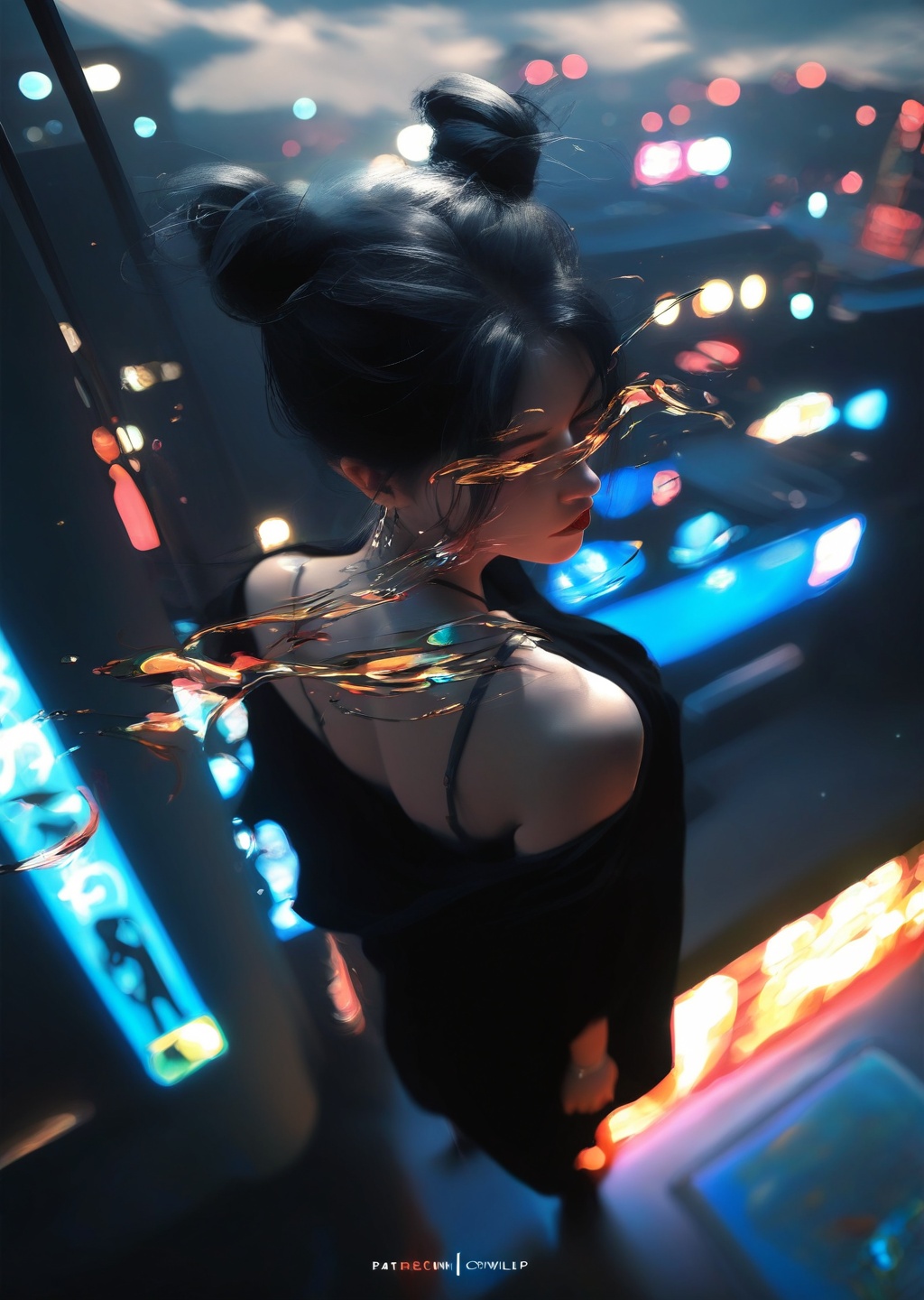 The image is a digital painting CGI sci-fi vangogh in a surreal,  fantastical style. It depicts a silhouette of a sexy gir...