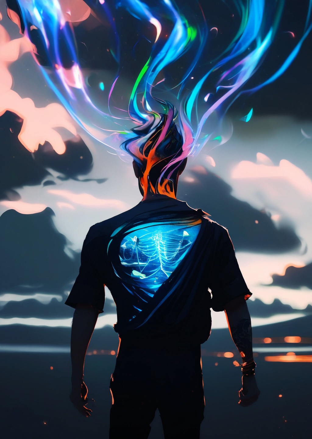 The image is a digital painting CGI space sci-fi vangogh in a surreal,  fantastical style. It depicts a silhouette of a se...