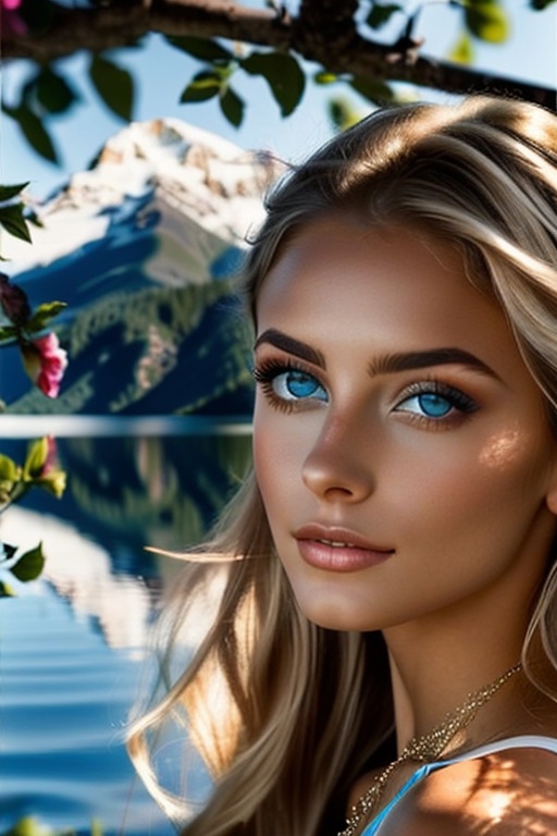 A magnificent brown-skinned woman with sparkling blue eyes stands by a serene lake,  her resemblance to Nerea Camacho capt...