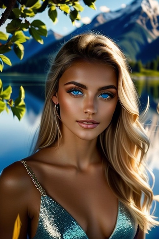 A magnificent brown-skinned woman with sparkling blue eyes stands by a serene lake,  her resemblance to Nerea Camacho capt...