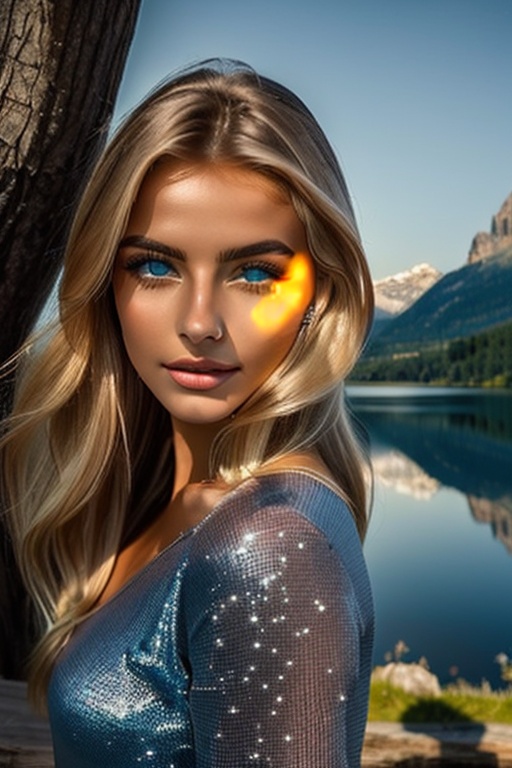 A magnificent brown-skinned woman with sparkling blue eyes stands by a serene lake,  her resemblance to Nerea Camacho capt...