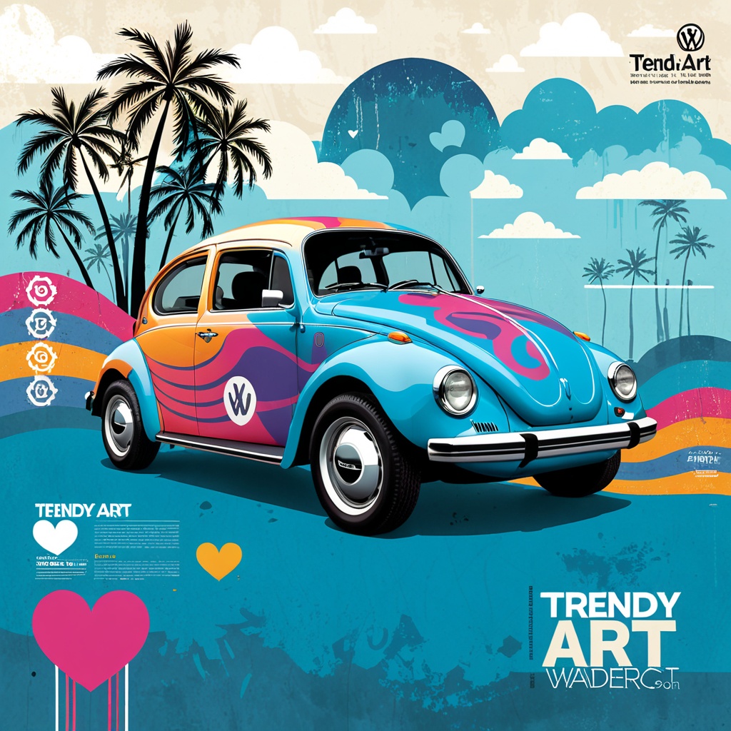 A vibrant,  high-quality abstract illustration featuring a blue vw beetle as the central focus. The motor vehicle is rende...