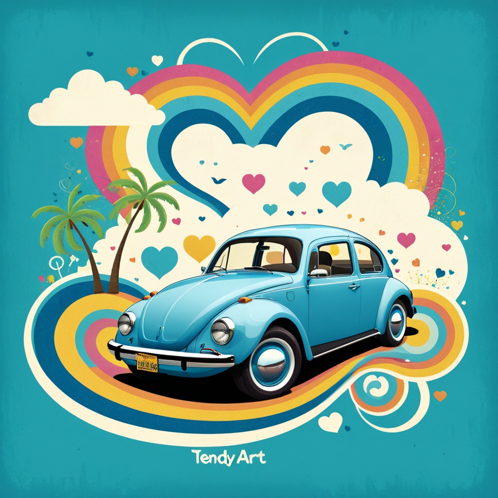 A vibrant,  high-quality abstract illustration featuring a blue vw beetle as the central focus. The motor vehicle is rende...