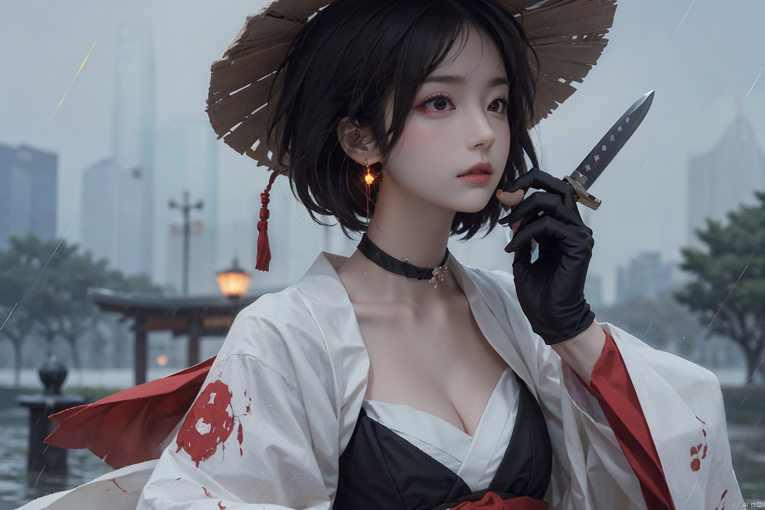 1girl, solo, breasts, short hair, black hair, red eyes, gloves, long sleeves, hat, holding, cleavage, jewelry, medium breasts, closed mouth, upper body, weapon, earrings, outdoors, japanese clothes, choker, black gloves, puffy sleeves, sword, wide sleeves, holding weapon, lips, sash, blood, profile, makeup, glowing, looking away, bandages, holding sword, knife, tassel, rain, bandaged arm, nose, brown headwear, holding knife, reverse grip