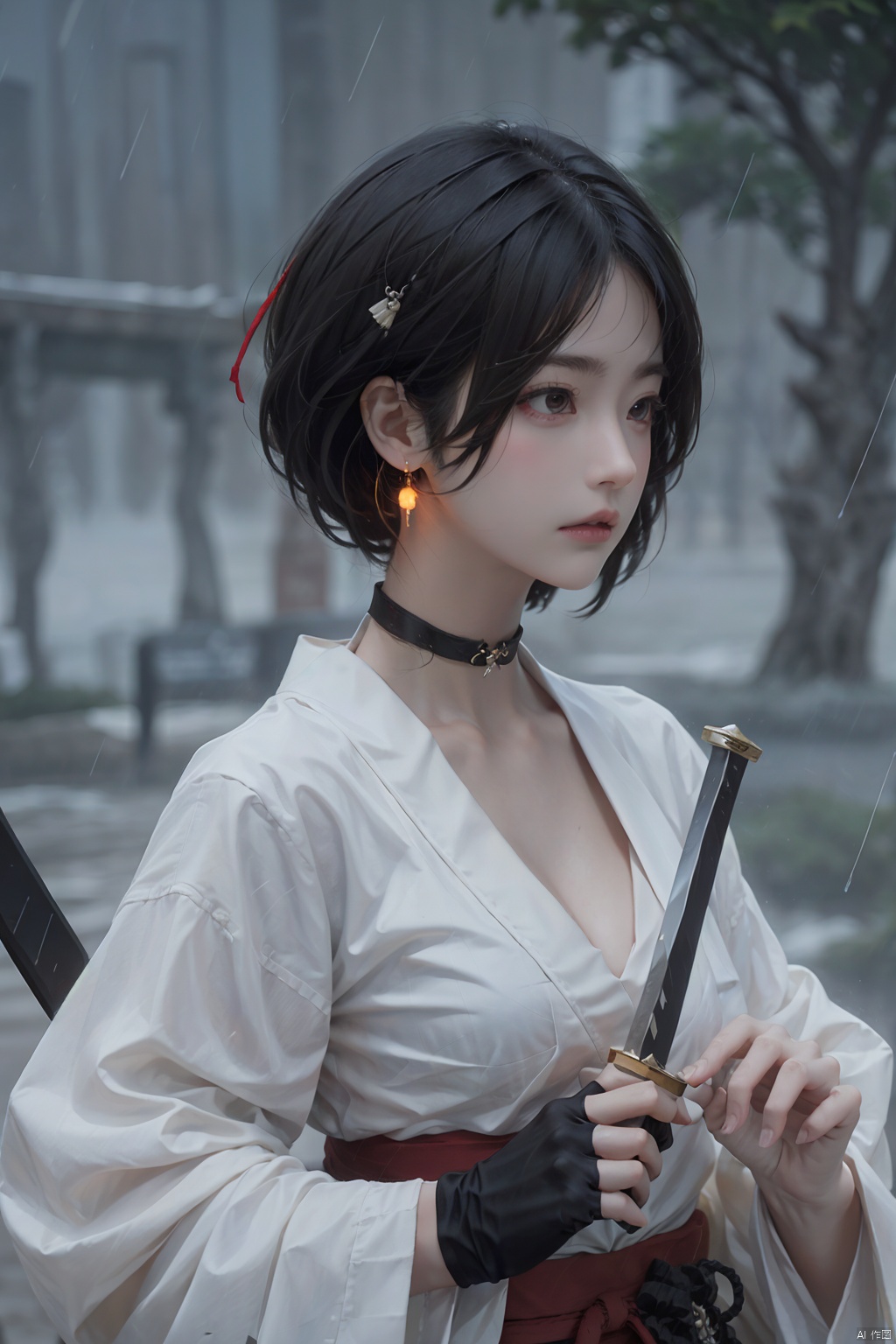 1girl, solo, breasts, short hair, black hair, red eyes, gloves, long sleeves, hat, holding, cleavage, jewelry, medium breasts, closed mouth, upper body, weapon, earrings, outdoors, japanese clothes, choker, black gloves, puffy sleeves, sword, wide sleeves, holding weapon, lips, sash, blood, profile, makeup, glowing, looking away, bandages, holding sword, knife, tassel, rain, bandaged arm, nose, brown headwear, holding knife, reverse grip