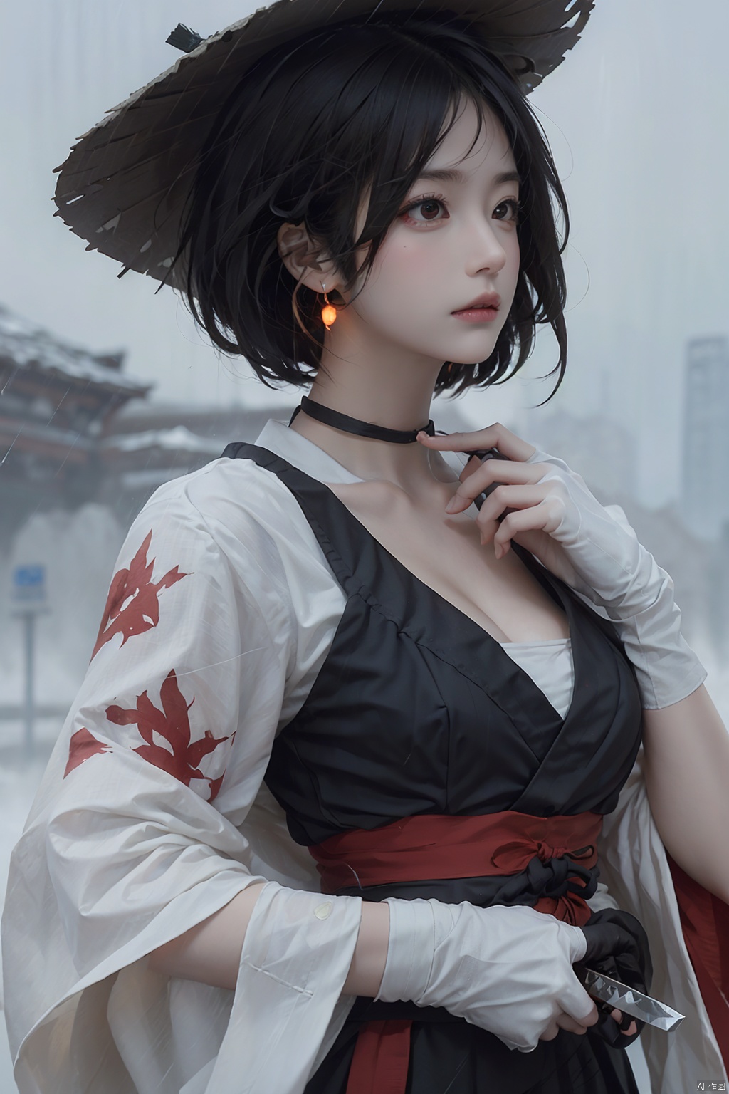 1girl, solo, breasts, short hair, black hair, red eyes, gloves, long sleeves, hat, holding, cleavage, jewelry, medium breasts, closed mouth, upper body, weapon, earrings, outdoors, japanese clothes, choker, black gloves, puffy sleeves, sword, wide sleeves, holding weapon, lips, sash, blood, profile, makeup, glowing, looking away, bandages, holding sword, knife, tassel, rain, bandaged arm, nose, brown headwear, holding knife, reverse grip