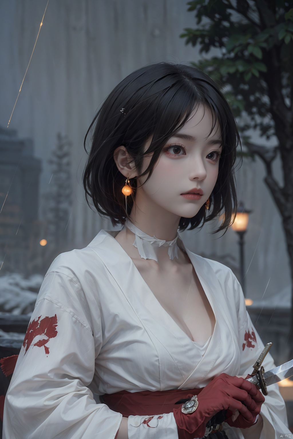 1girl, solo, breasts, short hair, black hair, red eyes, gloves, long sleeves, hat, holding, cleavage, jewelry, medium breasts, closed mouth, upper body, weapon, earrings, outdoors, japanese clothes, choker, black gloves, puffy sleeves, sword, wide sleeves, holding weapon, lips, sash, blood, profile, makeup, glowing, looking away, bandages, holding sword, knife, tassel, rain, bandaged arm, nose, brown headwear, holding knife, reverse grip