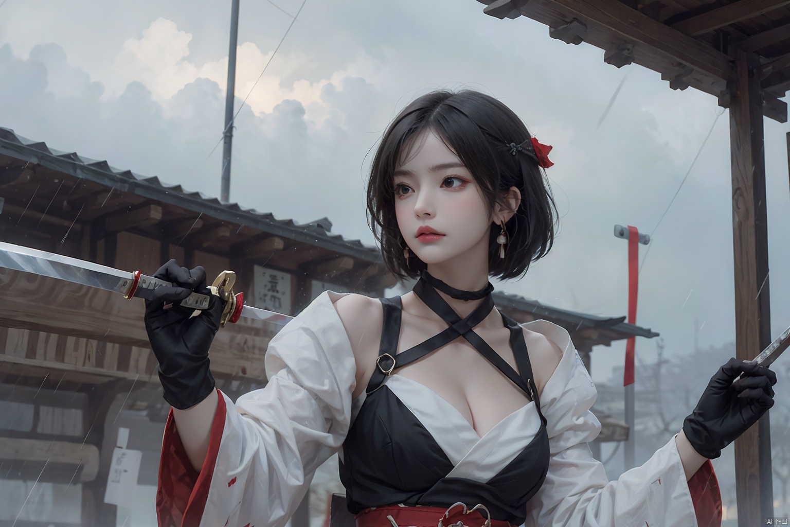 1girl, solo, breasts, short hair, black hair, red eyes, gloves, long sleeves, hat, holding, cleavage, jewelry, medium breasts, closed mouth, upper body, weapon, earrings, outdoors, japanese clothes, choker, black gloves, puffy sleeves, sword, wide sleeves, holding weapon, lips, sash, blood, profile, makeup, glowing, looking away, bandages, holding sword, knife, tassel, rain, bandaged arm, nose, brown headwear, holding knife, reverse grip