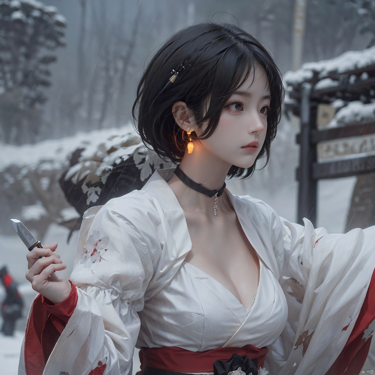 1girl, solo, breasts, short hair, black hair, red eyes, gloves, long sleeves, hat, holding, cleavage, jewelry, medium breasts, closed mouth, upper body, weapon, earrings, outdoors, japanese clothes, choker, black gloves, puffy sleeves, sword, wide sleeves, holding weapon, lips, sash, blood, profile, makeup, glowing, looking away, bandages, holding sword, knife, tassel, rain, bandaged arm, nose, brown headwear, holding knife, reverse grip