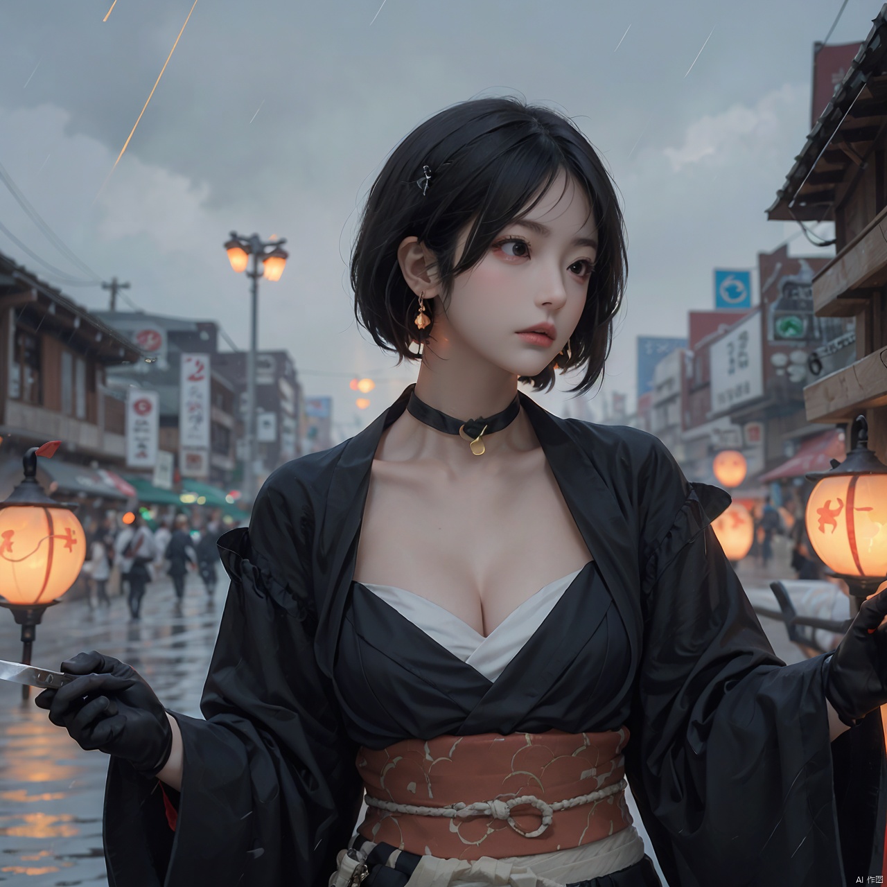 1girl, solo, breasts, short hair, black hair, red eyes, gloves, long sleeves, hat, holding, cleavage, jewelry, medium breasts, closed mouth, upper body, weapon, earrings, outdoors, japanese clothes, choker, black gloves, puffy sleeves, sword, wide sleeves, holding weapon, lips, sash, blood, profile, makeup, glowing, looking away, bandages, holding sword, knife, tassel, rain, bandaged arm, nose, brown headwear, holding knife, reverse grip