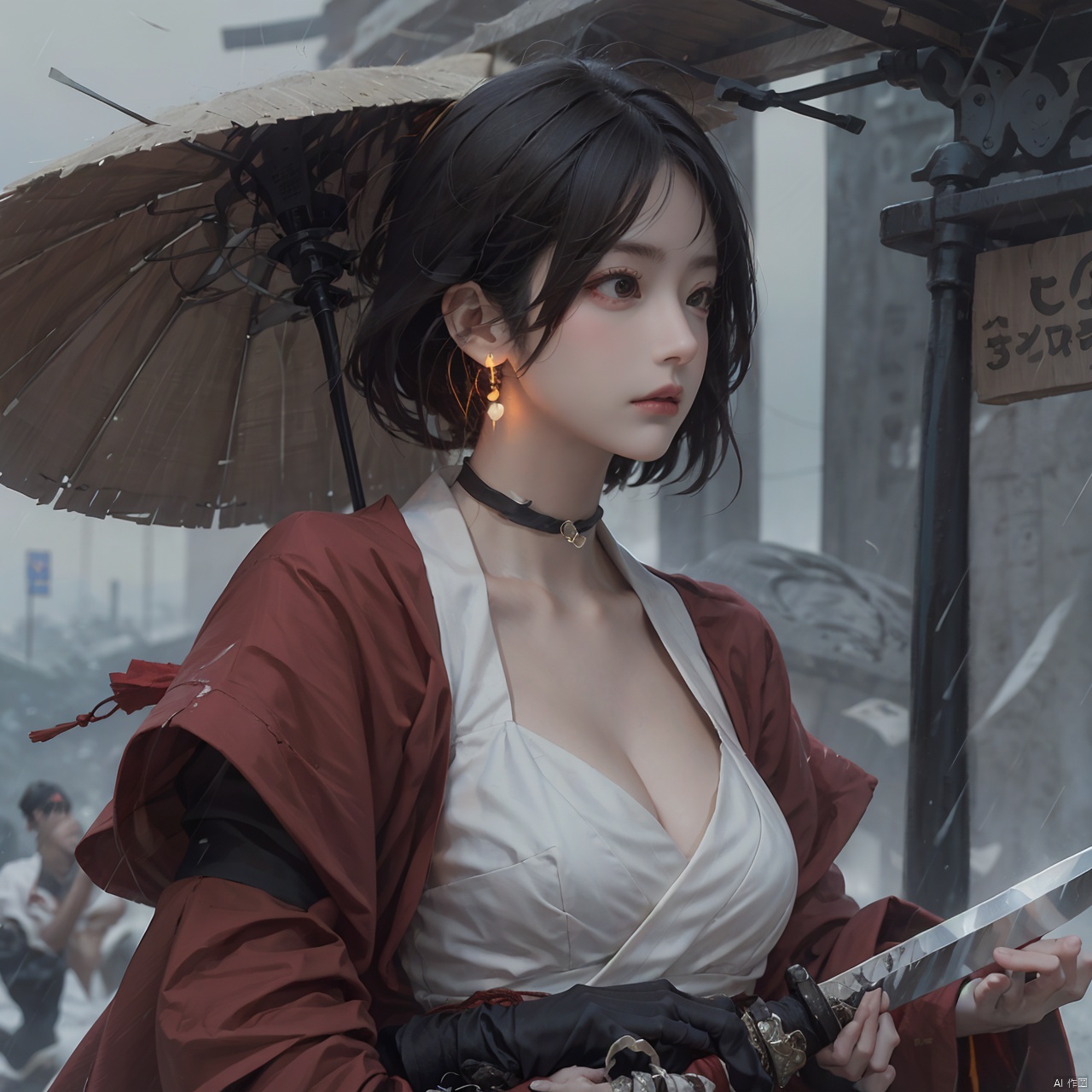 1girl, solo, breasts, short hair, black hair, red eyes, gloves, long sleeves, hat, holding, cleavage, jewelry, medium breasts, closed mouth, upper body, weapon, earrings, outdoors, japanese clothes, choker, black gloves, puffy sleeves, sword, wide sleeves, holding weapon, lips, sash, blood, profile, makeup, glowing, looking away, bandages, holding sword, knife, tassel, rain, bandaged arm, nose, brown headwear, holding knife, reverse grip