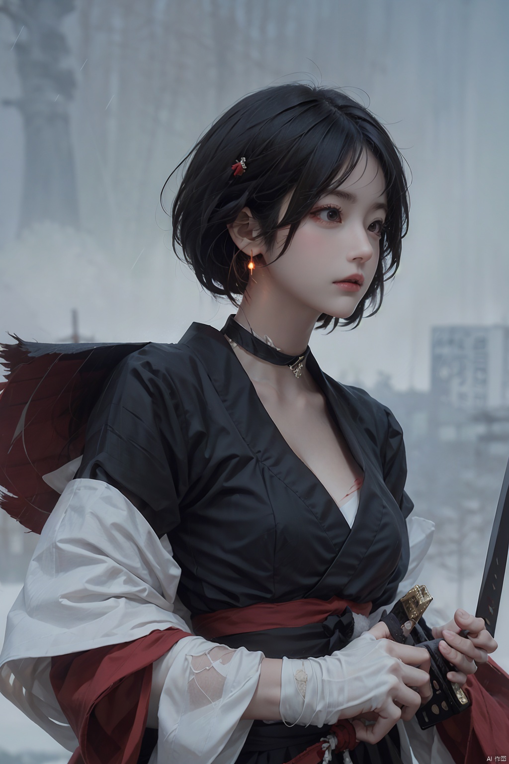1girl, solo, breasts, short hair, black hair, red eyes, gloves, long sleeves, hat, holding, cleavage, jewelry, medium breasts, closed mouth, upper body, weapon, earrings, outdoors, japanese clothes, choker, black gloves, puffy sleeves, sword, wide sleeves, holding weapon, lips, sash, blood, profile, makeup, glowing, looking away, bandages, holding sword, knife, tassel, rain, bandaged arm, nose, brown headwear, holding knife, reverse grip