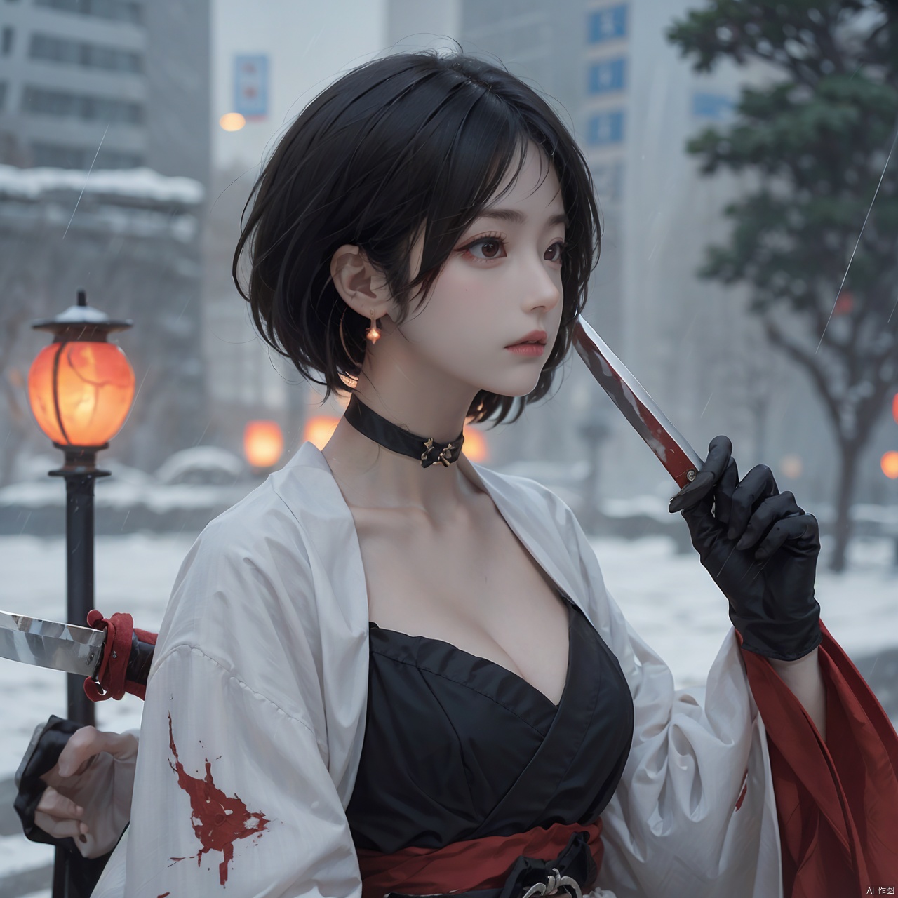1girl, solo, breasts, short hair, black hair, red eyes, gloves, long sleeves, hat, holding, cleavage, jewelry, medium breasts, closed mouth, upper body, weapon, earrings, outdoors, japanese clothes, choker, black gloves, puffy sleeves, sword, wide sleeves, holding weapon, lips, sash, blood, profile, makeup, glowing, looking away, bandages, holding sword, knife, tassel, rain, bandaged arm, nose, brown headwear, holding knife, reverse grip