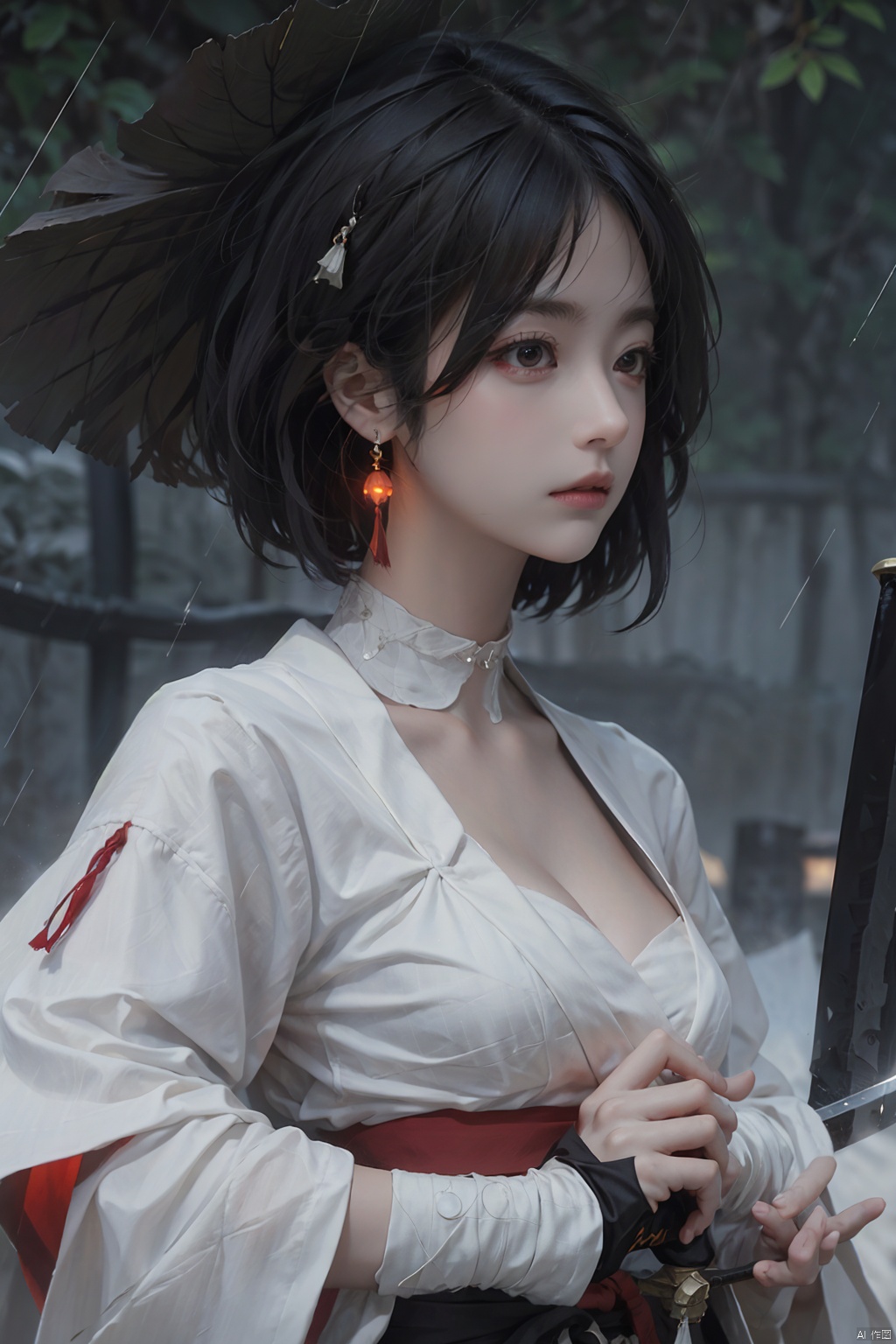 1girl, solo, breasts, short hair, black hair, red eyes, gloves, long sleeves, hat, holding, cleavage, jewelry, medium breasts, closed mouth, upper body, weapon, earrings, outdoors, japanese clothes, choker, black gloves, puffy sleeves, sword, wide sleeves, holding weapon, lips, sash, blood, profile, makeup, glowing, looking away, bandages, holding sword, knife, tassel, rain, bandaged arm, nose, brown headwear, holding knife, reverse grip