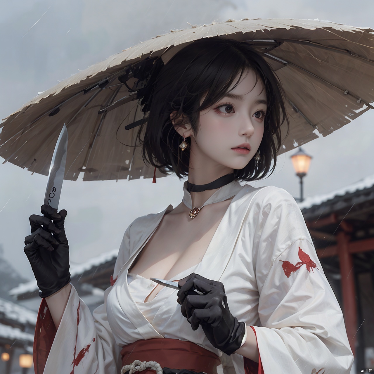 1girl, solo, breasts, short hair, black hair, red eyes, gloves, long sleeves, hat, holding, cleavage, jewelry, medium breasts, closed mouth, upper body, weapon, earrings, outdoors, japanese clothes, choker, black gloves, puffy sleeves, sword, wide sleeves, holding weapon, lips, sash, blood, profile, makeup, glowing, looking away, bandages, holding sword, knife, tassel, rain, bandaged arm, nose, brown headwear, holding knife, reverse grip