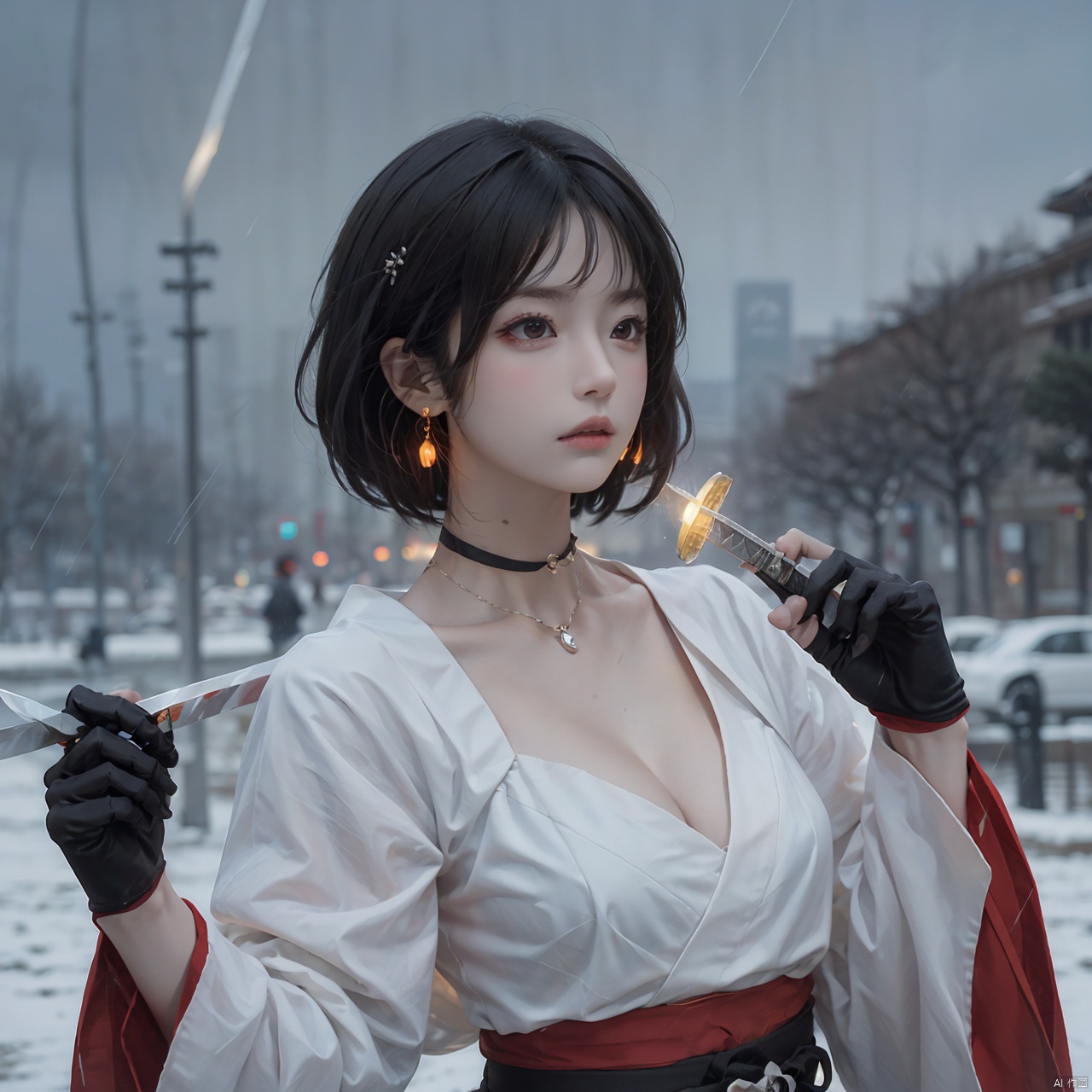 1girl, solo, breasts, short hair, black hair, red eyes, gloves, long sleeves, hat, holding, cleavage, jewelry, medium breasts, closed mouth, upper body, weapon, earrings, outdoors, japanese clothes, choker, black gloves, puffy sleeves, sword, wide sleeves, holding weapon, lips, sash, blood, profile, makeup, glowing, looking away, bandages, holding sword, knife, tassel, rain, bandaged arm, nose, brown headwear, holding knife, reverse grip