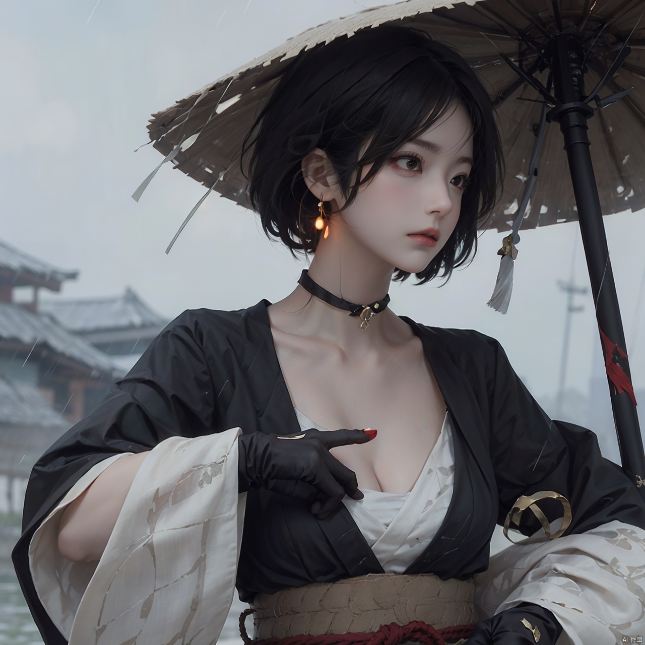 1girl, solo, breasts, short hair, black hair, red eyes, gloves, long sleeves, hat, holding, cleavage, jewelry, medium breasts, closed mouth, upper body, weapon, earrings, outdoors, japanese clothes, choker, black gloves, puffy sleeves, sword, wide sleeves, holding weapon, lips, sash, blood, profile, makeup, glowing, looking away, bandages, holding sword, knife, tassel, rain, bandaged arm, nose, brown headwear, holding knife, reverse grip