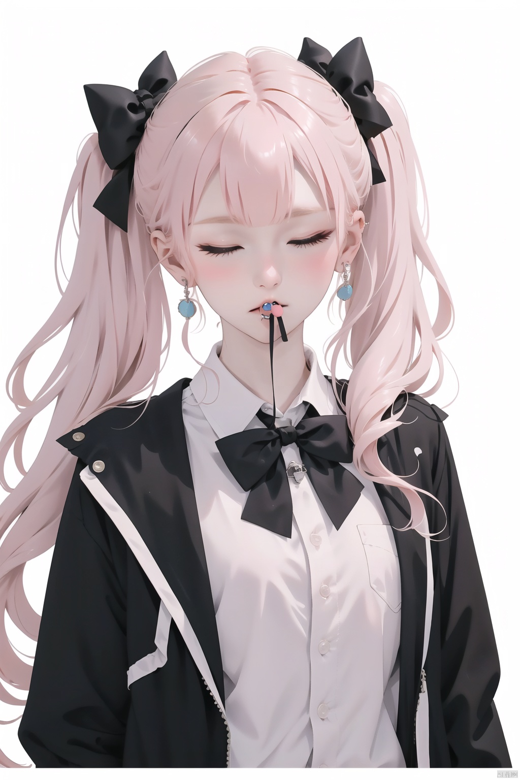  1girl, solo, long hair, looking at viewer, bangs, blue eyes, blonde hair, simple background, shirt, long sleeves, white background, bow, ribbon, twintails, jewelry, jacket, white shirt, upper body, pink hair, hair bow, earrings, one eye closed, collared shirt, artist name, bowtie, necklace, open jacket, black jacket, v, black bow, mouth hold, piercing, ring, black bowtie, 1girl,solo