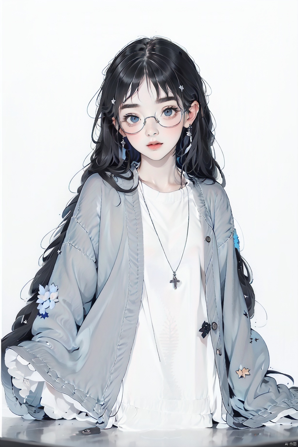 1girl, solo, long hair, looking at viewer, bangs, blue eyes, black hair, upper body, glasses, lips, coat, stuffed toy, , faxa