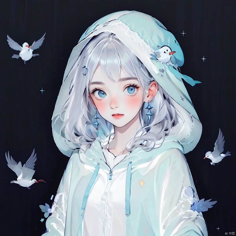 1girl, solo, looking at viewer, blush, short hair, bangs, blue eyes, black hair, hat, upper body, earrings, hood, bird, animal, blue headwear, hood up, , faxa
