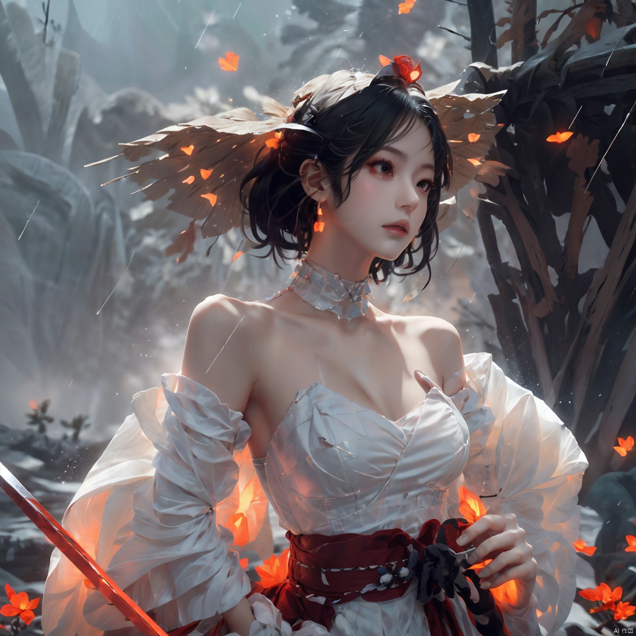 1girl, solo, breasts, short hair, black hair, red eyes, gloves, long sleeves, hat, holding, cleavage, jewelry, medium breasts, closed mouth, upper body, weapon, earrings, outdoors, japanese clothes, choker, black gloves, puffy sleeves, sword, wide sleeves, holding weapon, lips, sash, blood, profile, makeup, glowing, looking away, bandages, holding sword, knife, tassel, rain, bandaged arm, nose, brown headwear, holding knife, reverse grip,