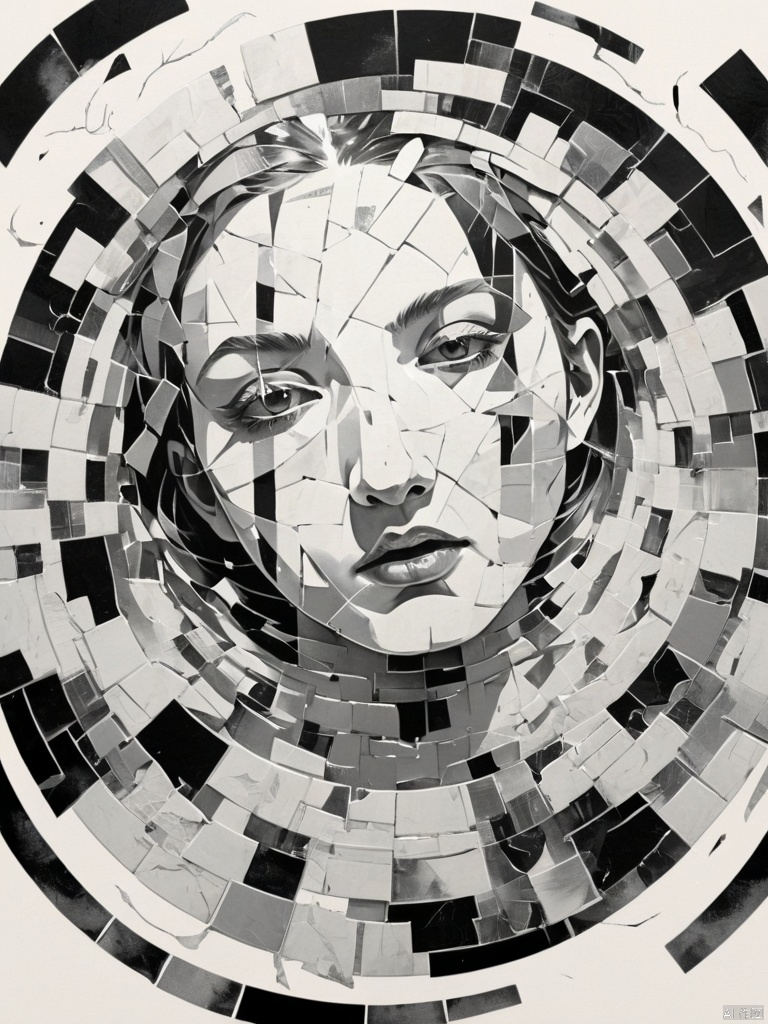 collage art, radial composition, visage of a female trapped behind a few shards of pieces in large scale and proportion of broken mirror. The fragments create a mosaic of emotions ,black and white, perfect proportion of positive and negative shapes