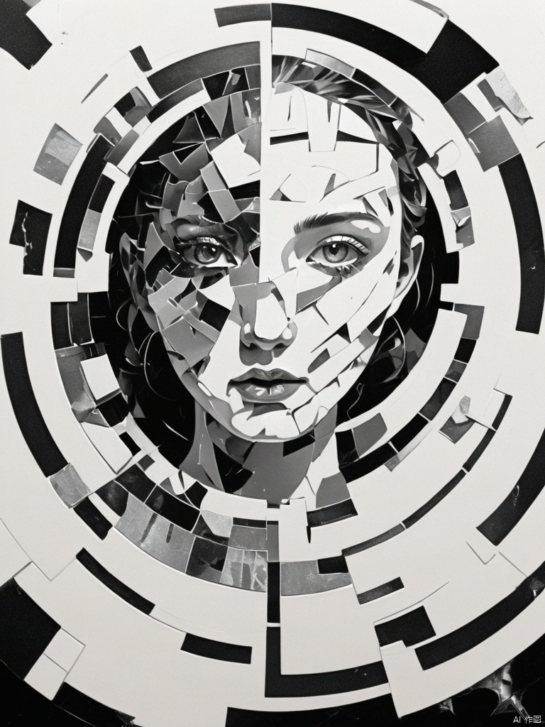 collage art, radial composition, visage of a female trapped behind a few shards of pieces in large scale and proportion of broken mirror. The fragments create a mosaic of emotions ,black and white, perfect proportion of positive and negative shapes