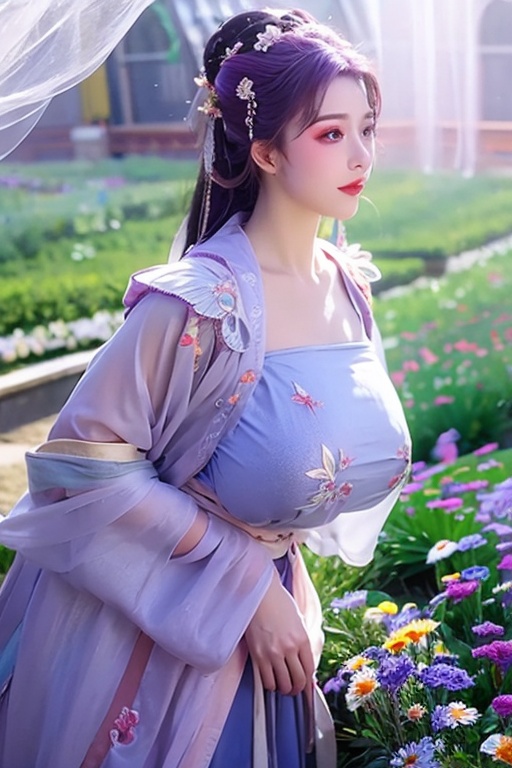 (masterpiece, best quality:1.2), highres, extremely detailed, 1 girl, purple hair, eye highlights,purple dress, frills, outdoors, flower, fluttering petals, upper body, depth of field,pastel color, Depth of field,garden of the sun,shiny,flowers, garden, 1girl, butterfly style, butterflies, ultra detailed, glary,Light, light particles,glitter,reflect,,(big breasts:1.39),Xyunxiao,sky_moon,hanfu