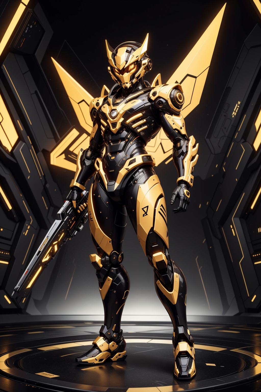 full body view,  black and gold color,  a sleek mecha foxboy warrior on Tensor.Art