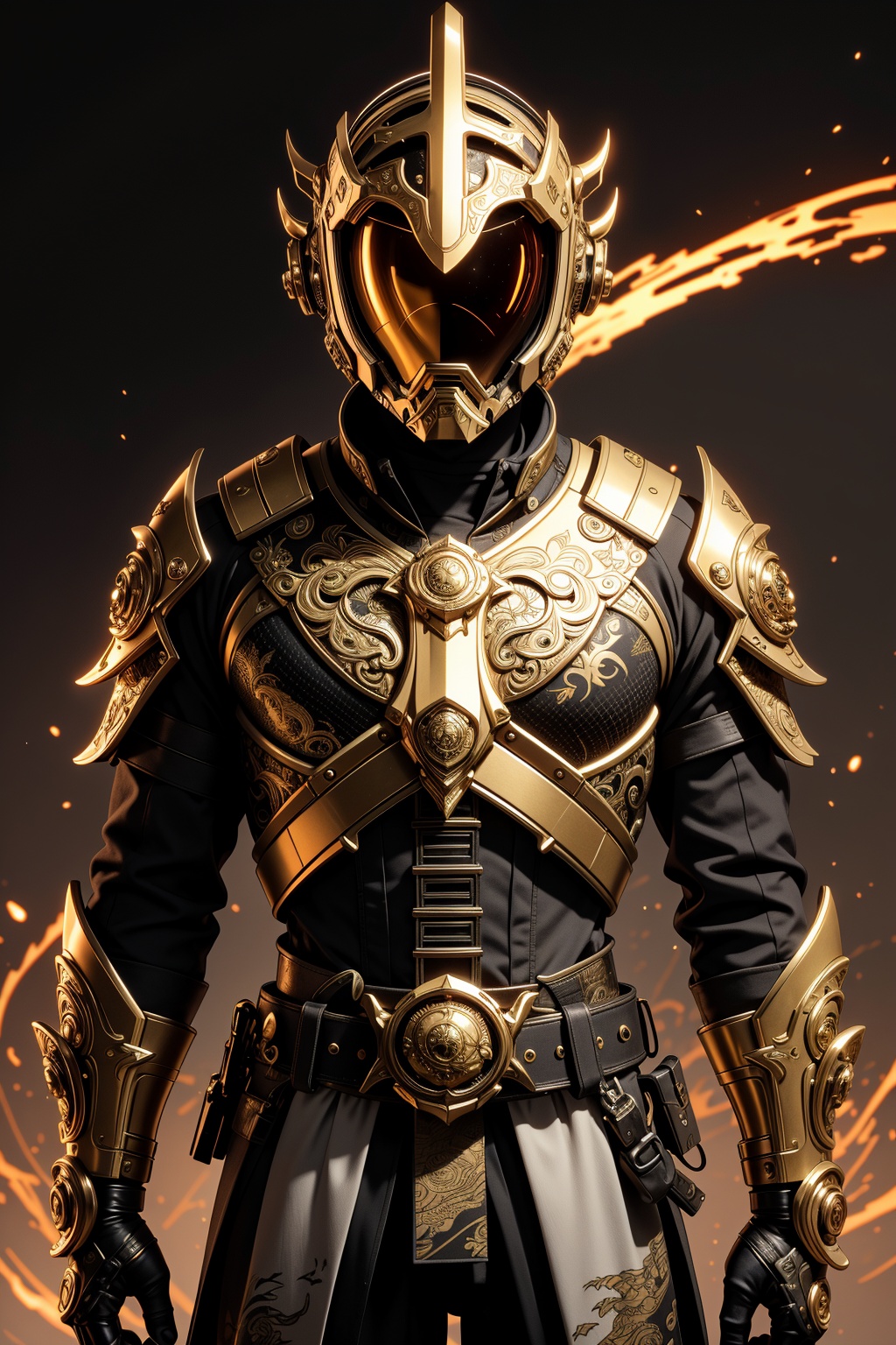 A majestic cybernetic samurai,  encased in intricate white and gold armor,  exudes an air of stoic vigilance. The suit on...