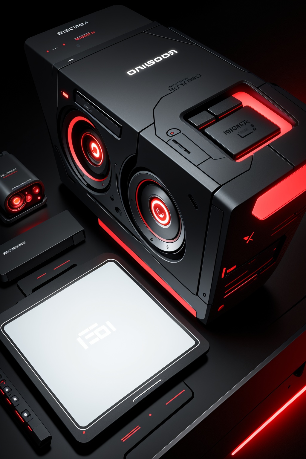 In a sleek,  high-tech setting dominated by deep blacks and sharp contrasts,  a modern gaming smartphone rests at the cent...