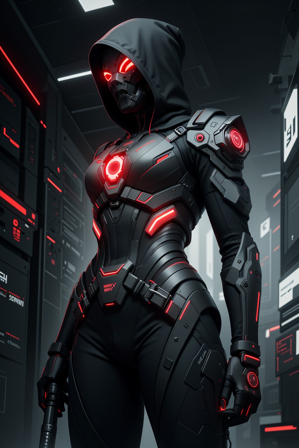 "A futuristic cyberpunk assassin in a sleek,  tactical outfit. The character is clad in a hooded black cloak with sharp,...